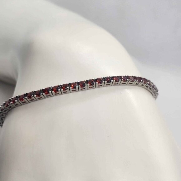 Fiery Sparkle: Red Gemstone Tennis Bracelet in 925 Sterling Silver - Picture 1 of 6
